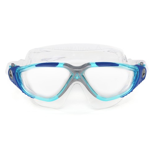 AquaSphere Vista Swim Mask Goggle front view Aqua Blue, silver. Clear lens