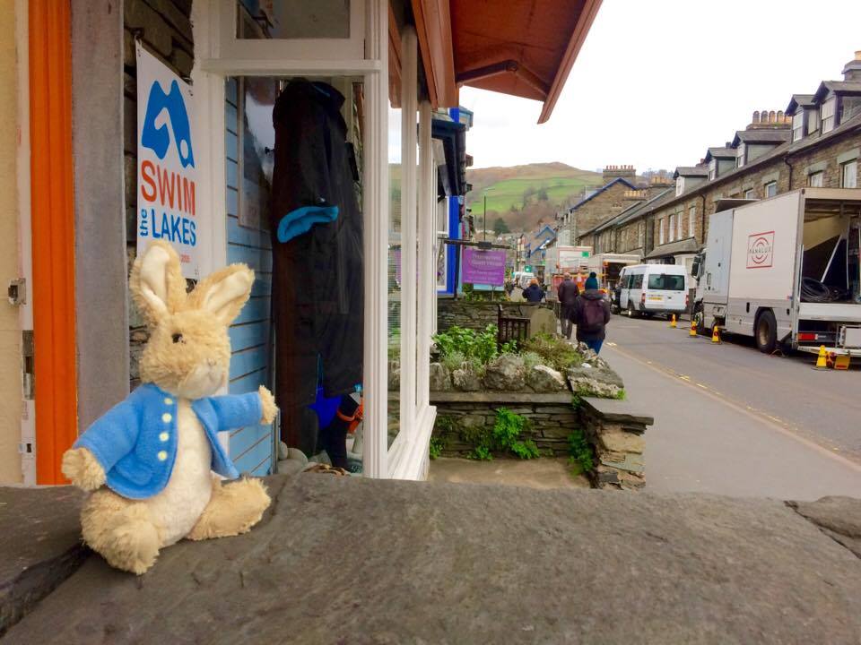 peter rabbit on location outside Swim the Lakes