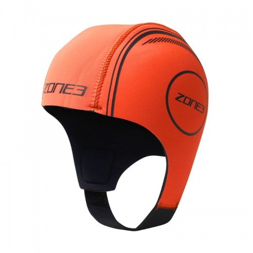 shows hi-vis orange neoprene swim cap with chin strap