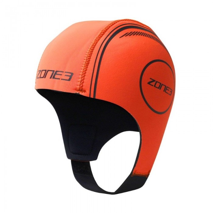 shows hi-vis orange neoprene swim cap with chin strap