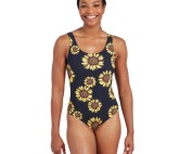 Lady wearing Zoggs Rise & Shine Sunflower open water swimming costume front view