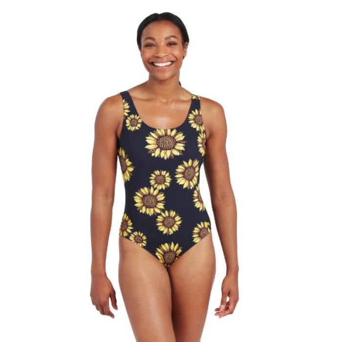 Lady wearing Zoggs Rise & Shine Sunflower open water swimming costume front view
